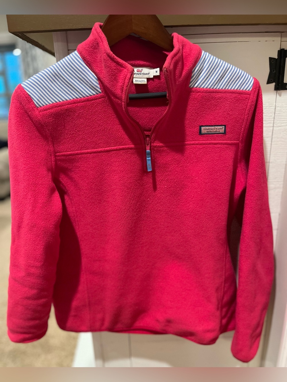 Vineyard Vines Seersucker Striped Shoulder Quarter Zip Fleece Womens Size Medium